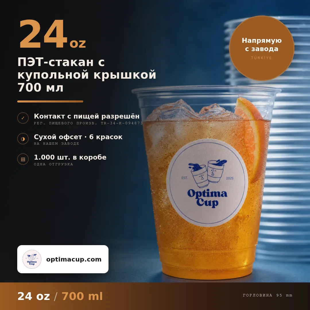 ПЭТ-стакан с купольной крышкой 700 мл, размеры и количество в коробке — ПЭТ-стаканы оптом, поставляемый товар, 1 000 шт в коробке