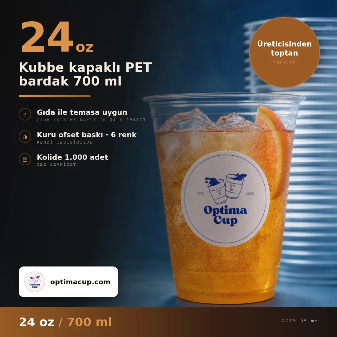 Kubbe kapaklı PET bardak 700 ml, ölçü ve koli bilgisi — PET bardak tedarik ürünü, toptan, kolide 1.000 adet