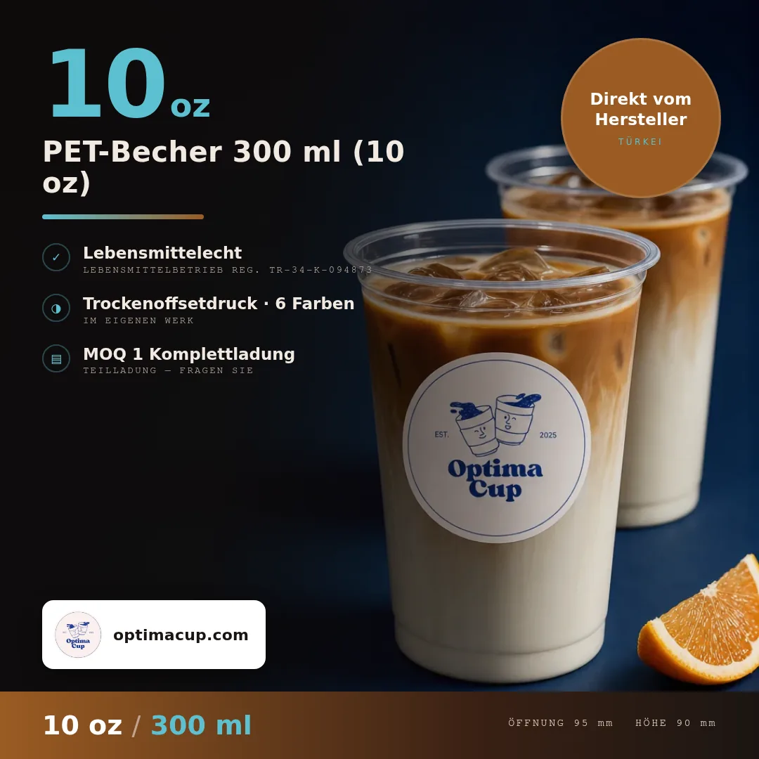 PET-Becher 300 ml (10 oz), Maße und Kartoninhalt — PET-Becher als Zuliefer-Artikel