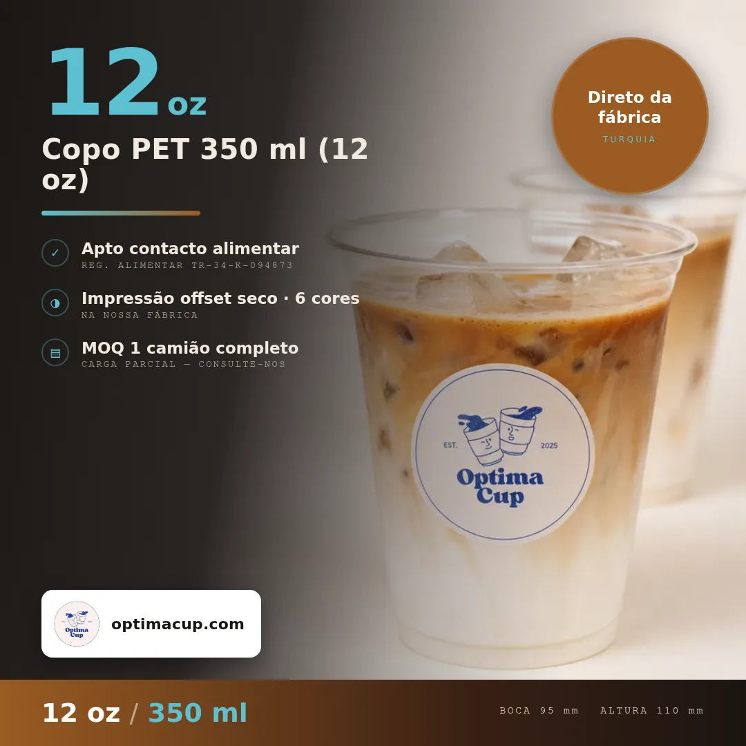 Copo PET 350 ml (12 oz), medidas e unidades por caixa — copos PET por grosso, produto fornecido