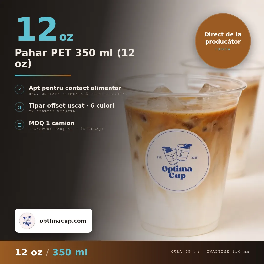 Pahar PET 350 ml (12 oz), dimensiuni și bax — pahare PET, produs furnizat