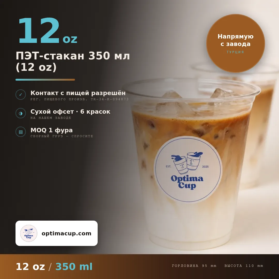 ПЭТ-стакан 350 мл (12 oz), размеры и количество в коробке — ПЭТ-стаканы оптом, поставляемый товар