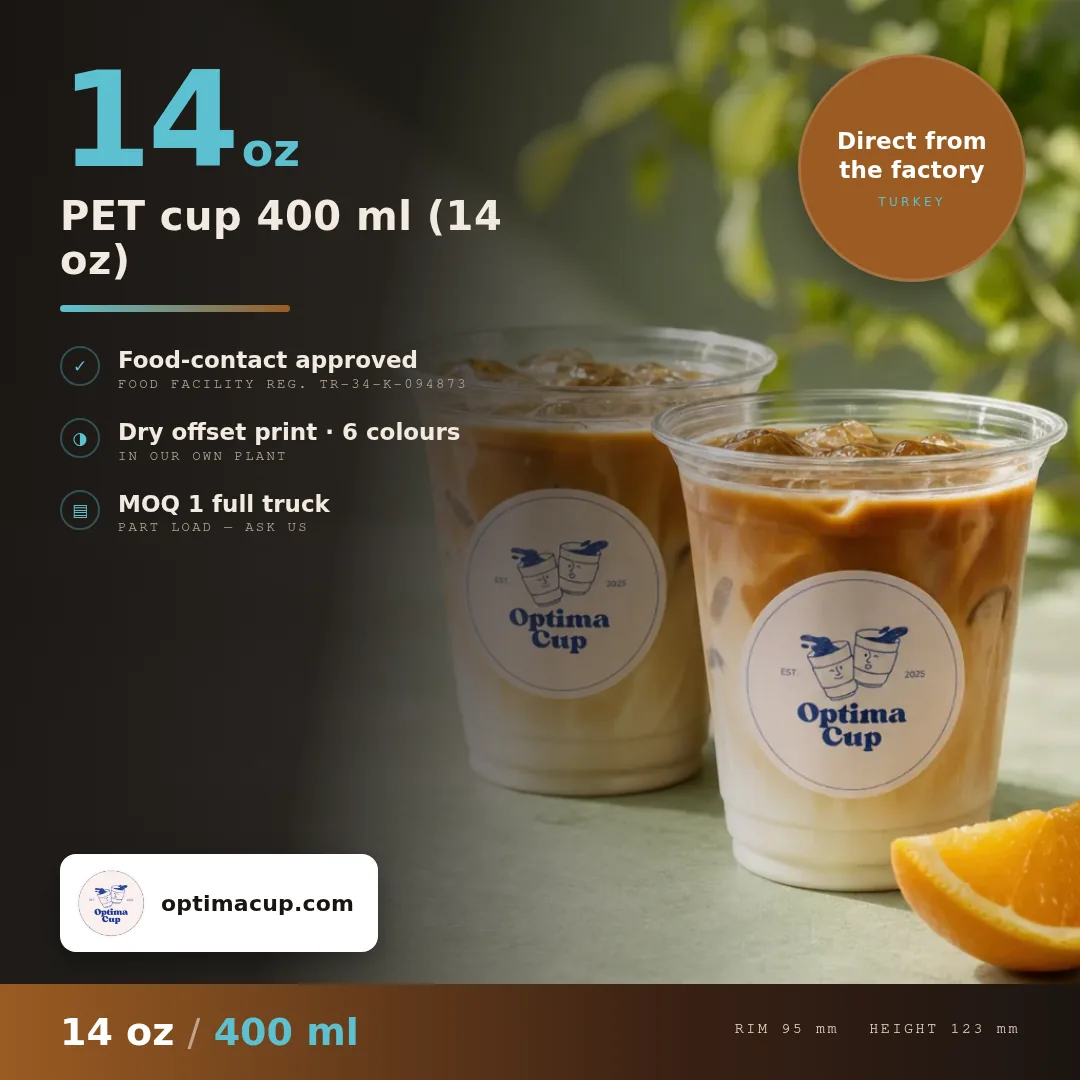 PET cup 400 ml (14 oz), size and case data — wholesale PET cups, supplied item shipped from Turkey