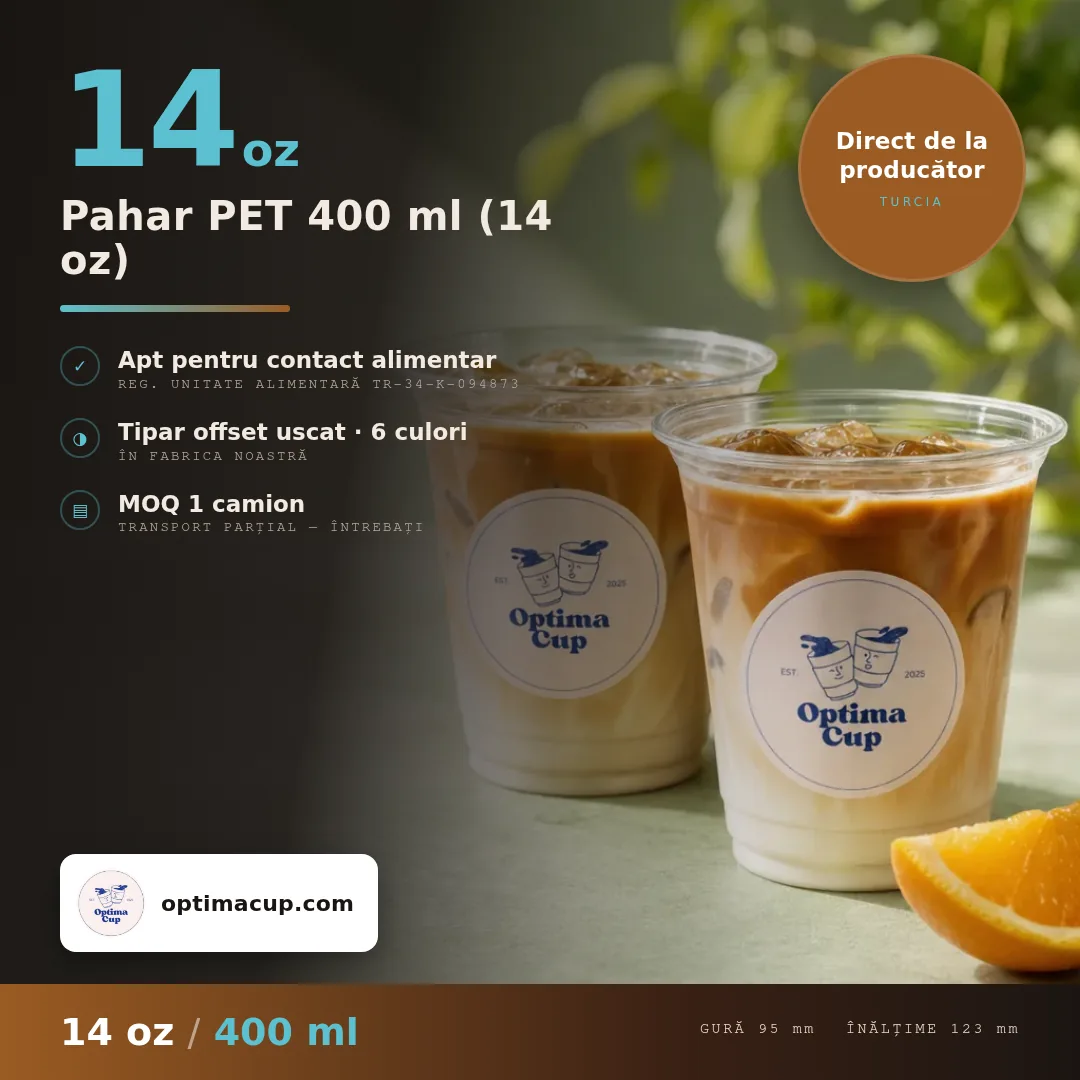 Pahar PET 400 ml (14 oz), dimensiuni și bax — pahare PET, produs furnizat