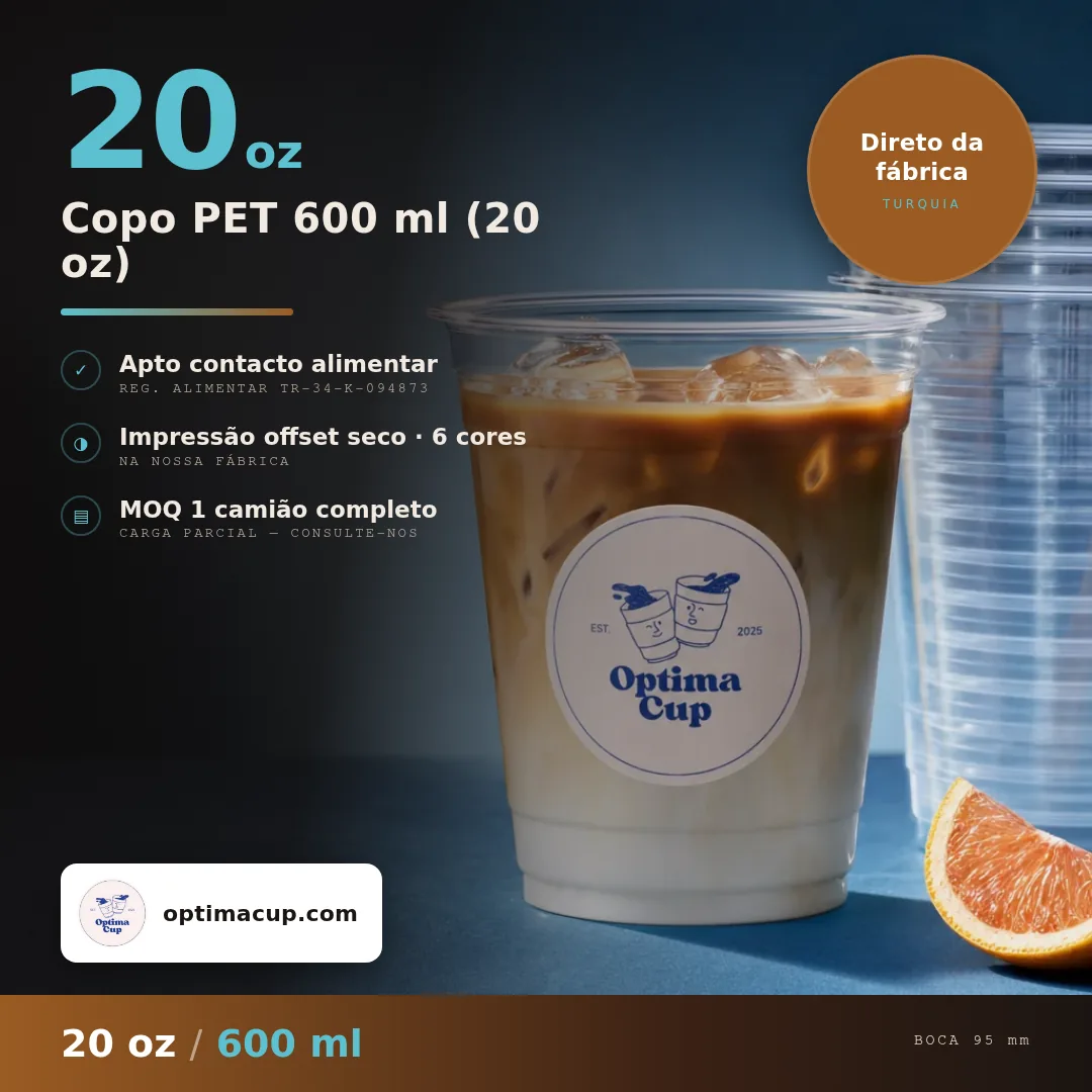 Copo PET 600 ml (20 oz), medidas e unidades por caixa — copos PET por grosso, produto fornecido