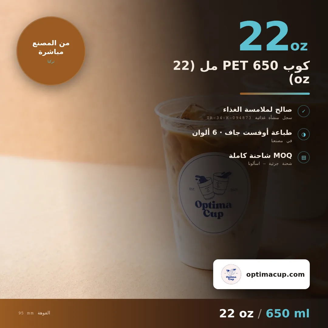 كوب PET 650 مل (22 oz), المقاسات وعدد الكرتونة — أكواب PET بالجملة، منتج مورَّد