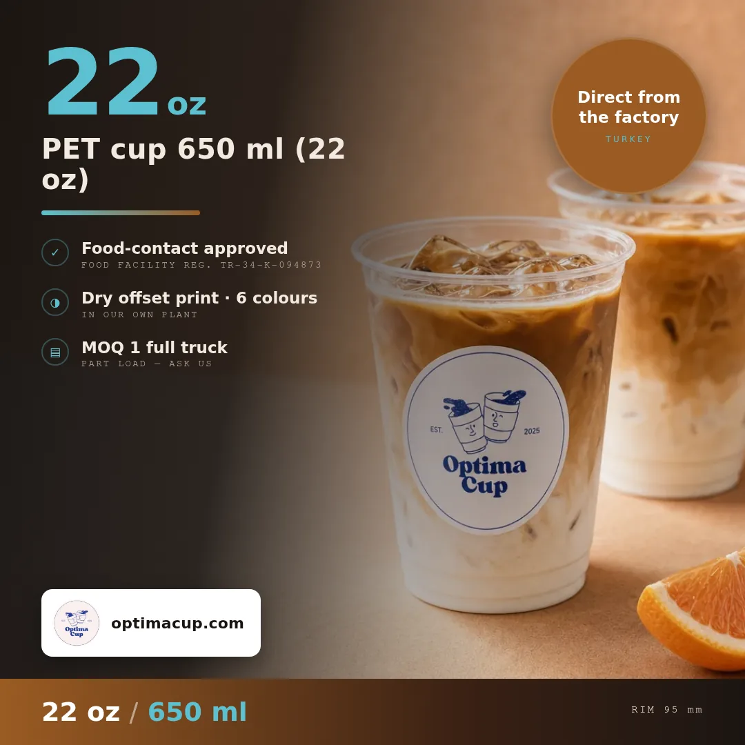PET cup 650 ml (22 oz), size and case data — wholesale PET cups, supplied item shipped from Turkey