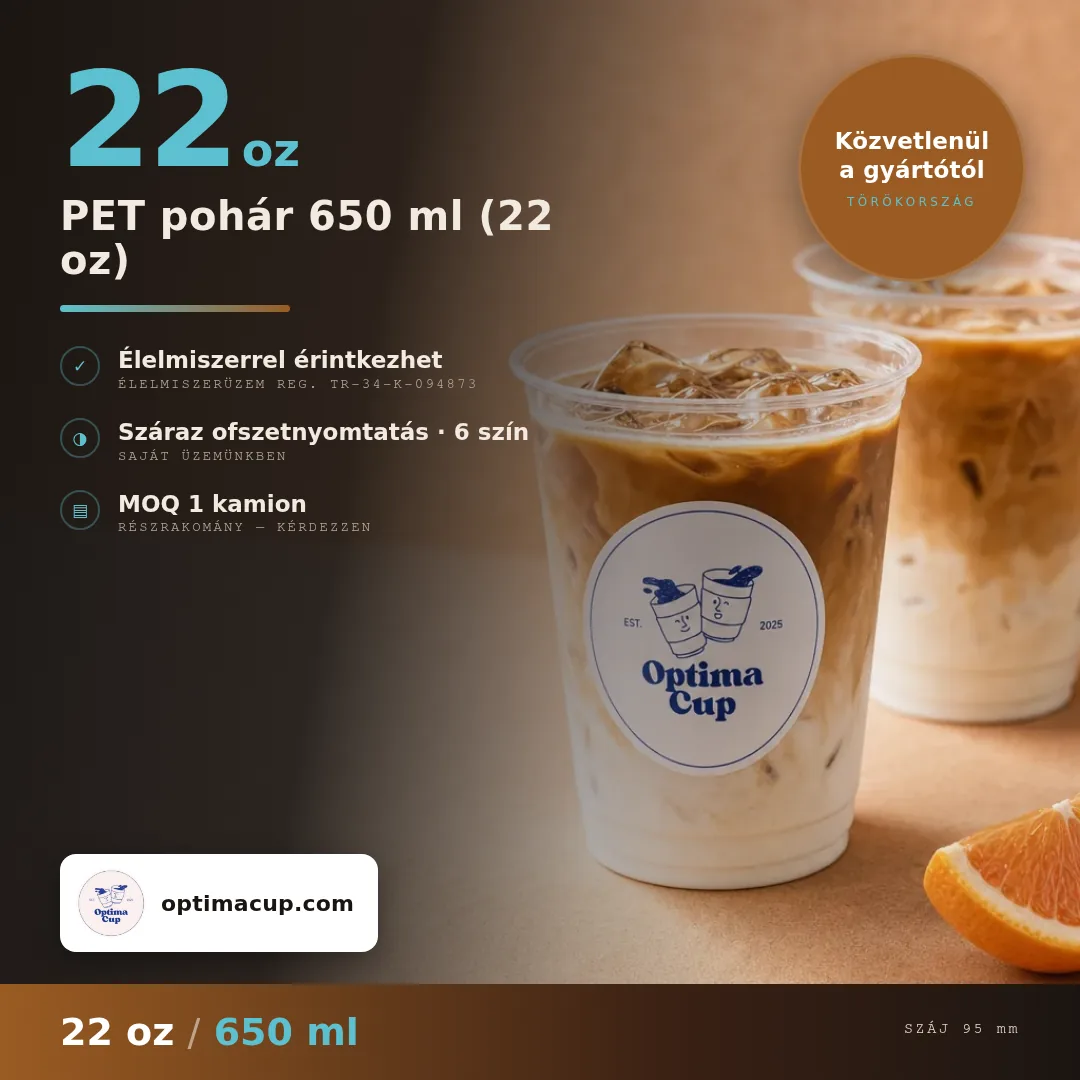 PET pohár 650 ml (22 oz), méretek és kartontartalom — PET pohár, beszállított termék