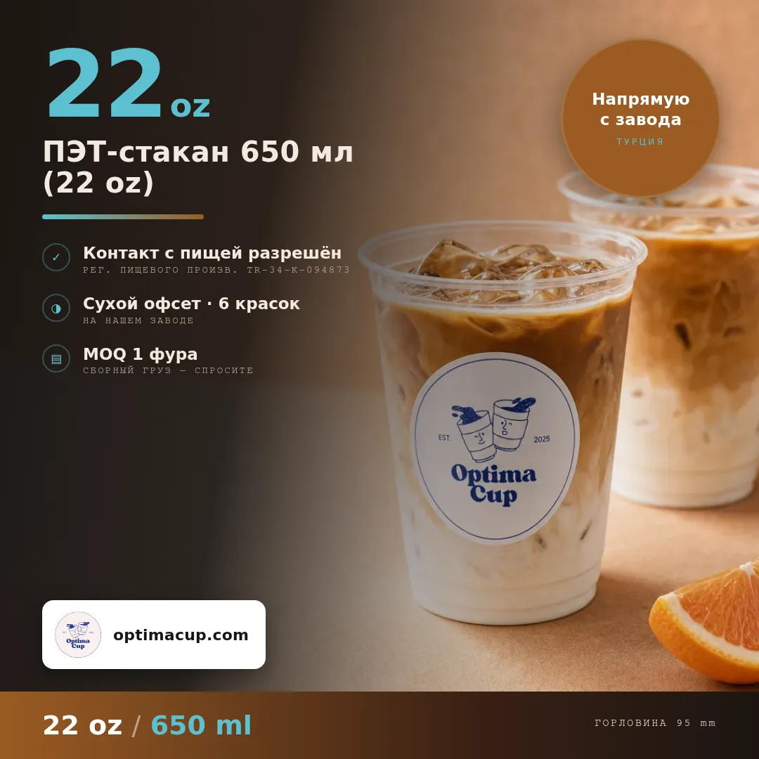 ПЭТ-стакан 650 мл (22 oz), размеры и количество в коробке — ПЭТ-стаканы оптом, поставляемый товар