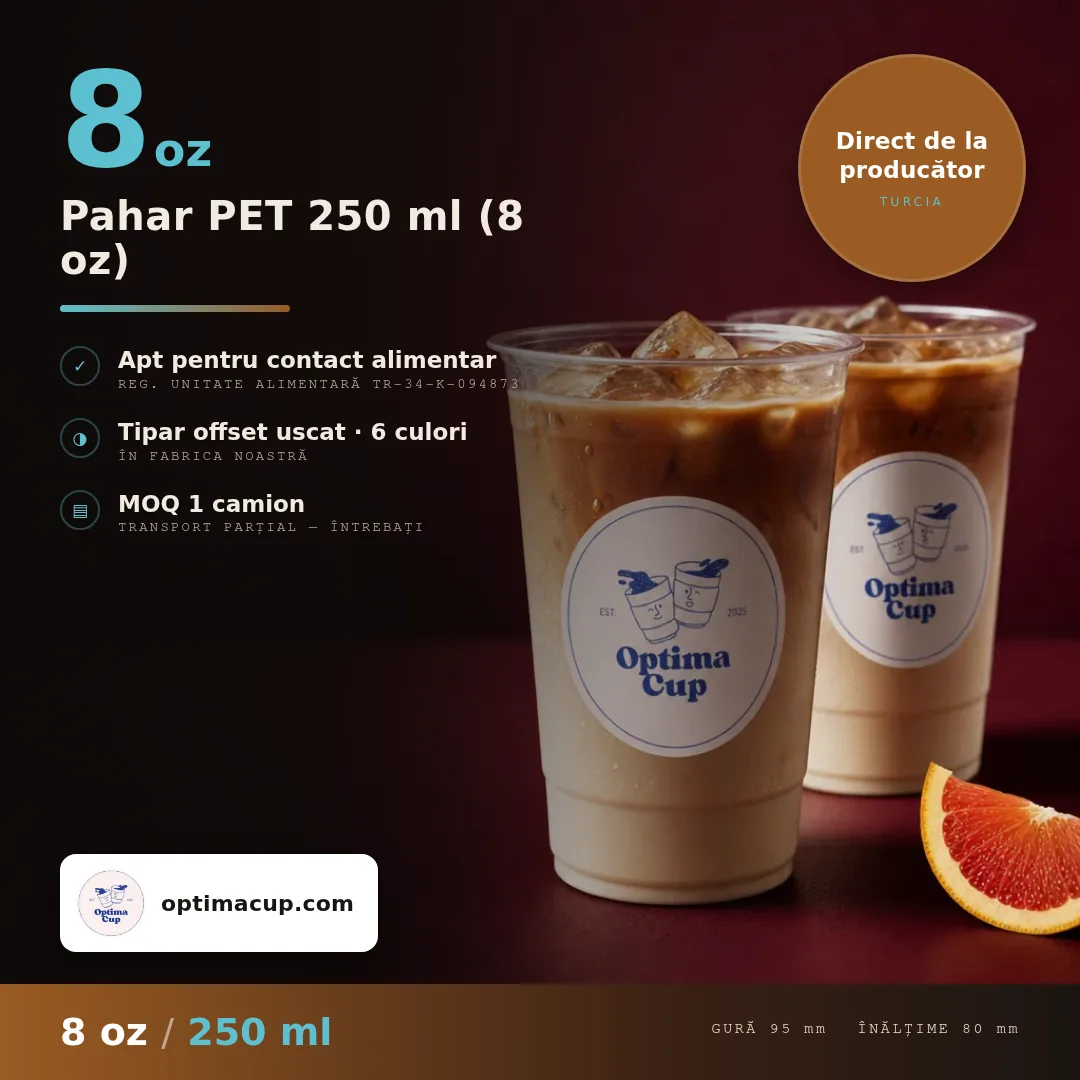 Pahar PET 250 ml (8 oz), dimensiuni și bax — pahare PET, produs furnizat