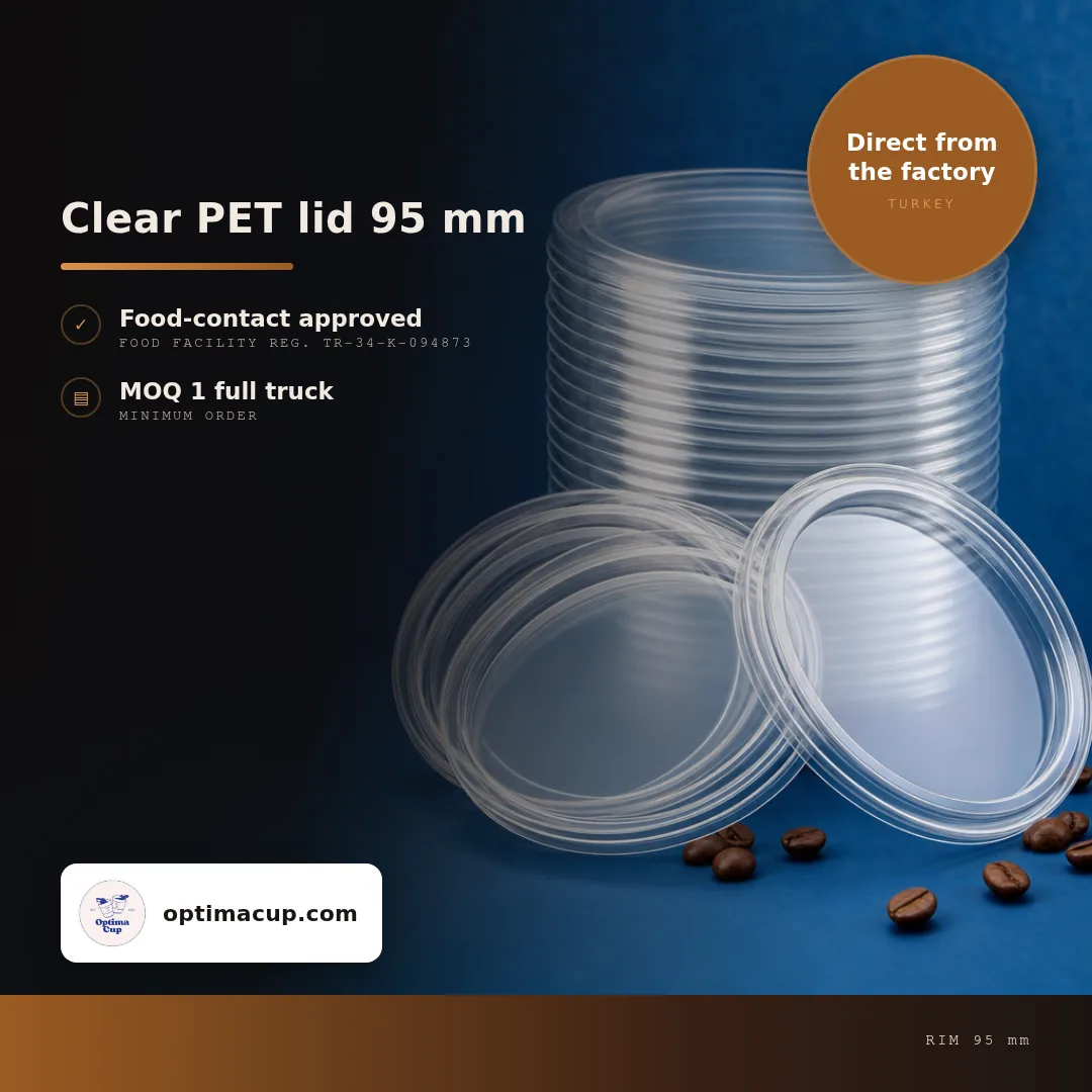 Clear PET lid 95 mm, size and case data — wholesale cup lids direct from the manufacturer in Turkey