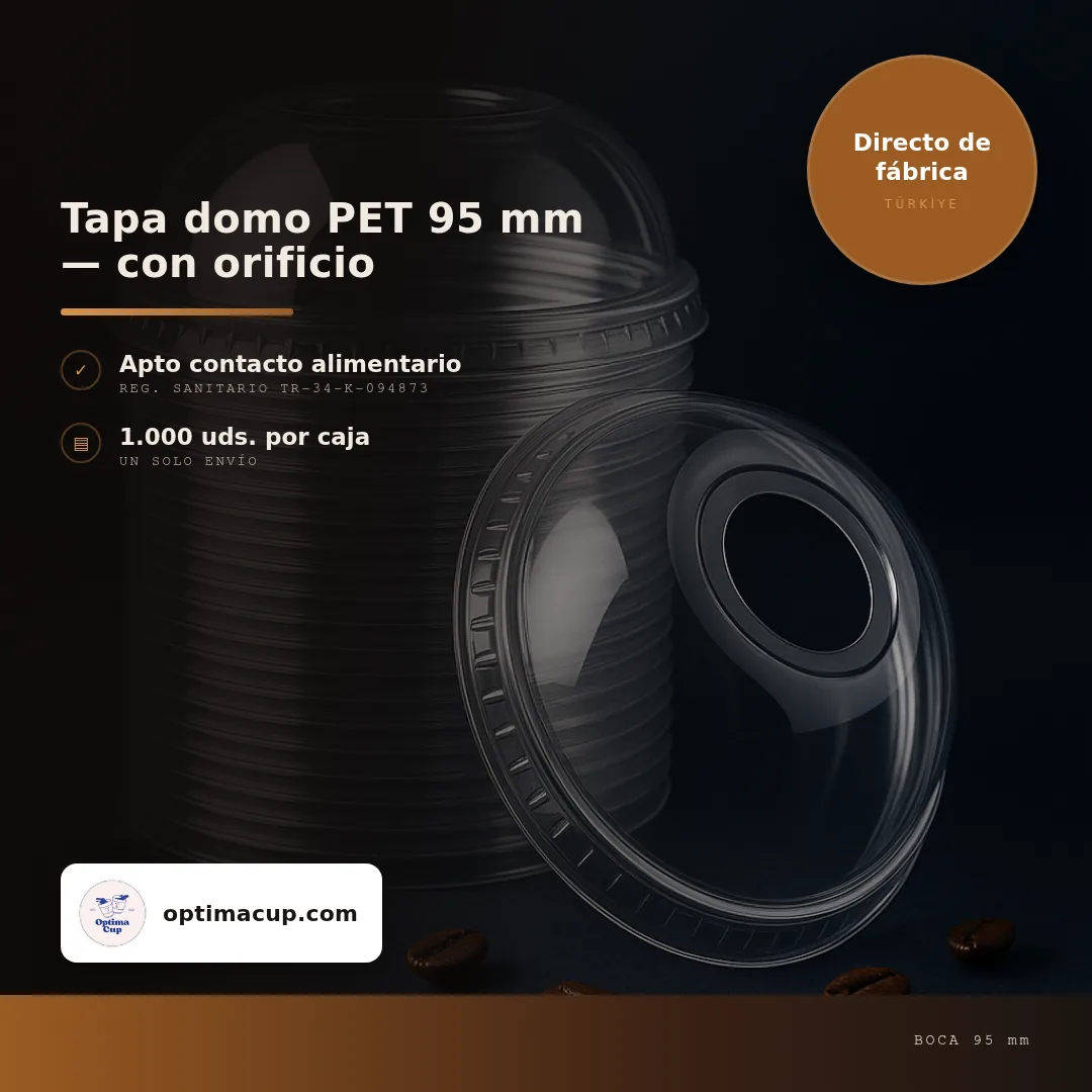 Tapa domo PET 95 mm — con orificio, medidas y unidades por caja — tapas para vasos al por mayor de fábrica, 1.000 uds por caja