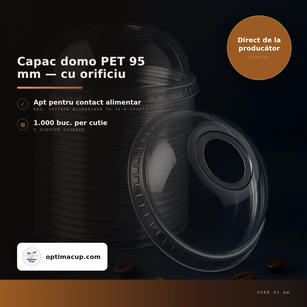 Capac domo PET 95 mm — cu orificiu, dimensiuni și bax — capace pahare direct de la producător, 1.000 buc/bax