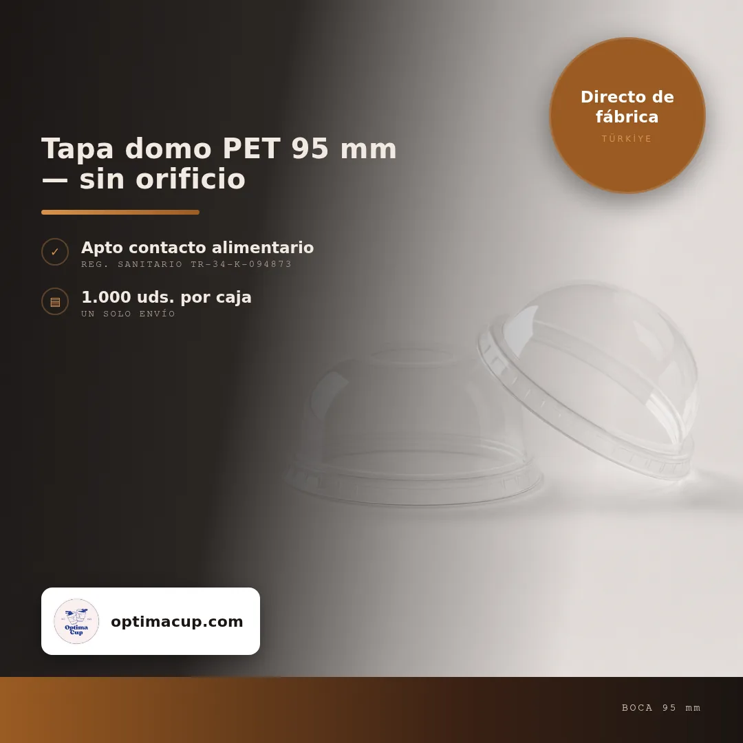 Tapa domo PET 95 mm — sin orificio, medidas y unidades por caja — tapas para vasos al por mayor de fábrica, 1.000 uds por caja
