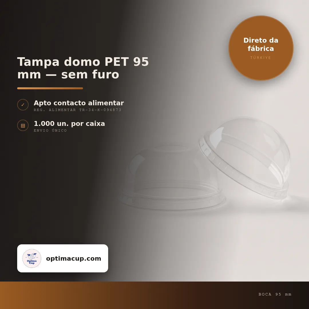 Tampa domo PET 95 mm — sem furo, medidas e unidades por caixa — tampas para copos direto da fábrica, 1.000 un por caixa