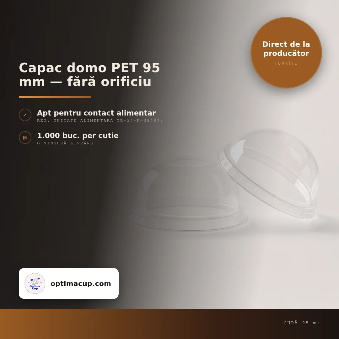 Capac domo PET 95 mm — fără orificiu, dimensiuni și bax — capace pahare direct de la producător, 1.000 buc/bax