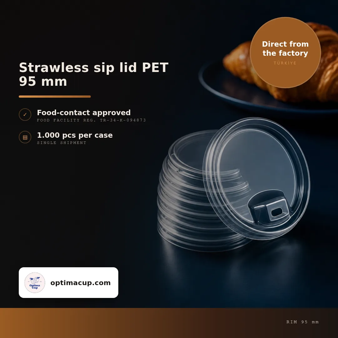 Strawless sip lid PET 95 mm, size and case data — wholesale cup lids direct from the manufacturer in Turkey, 1,000 pcs per case