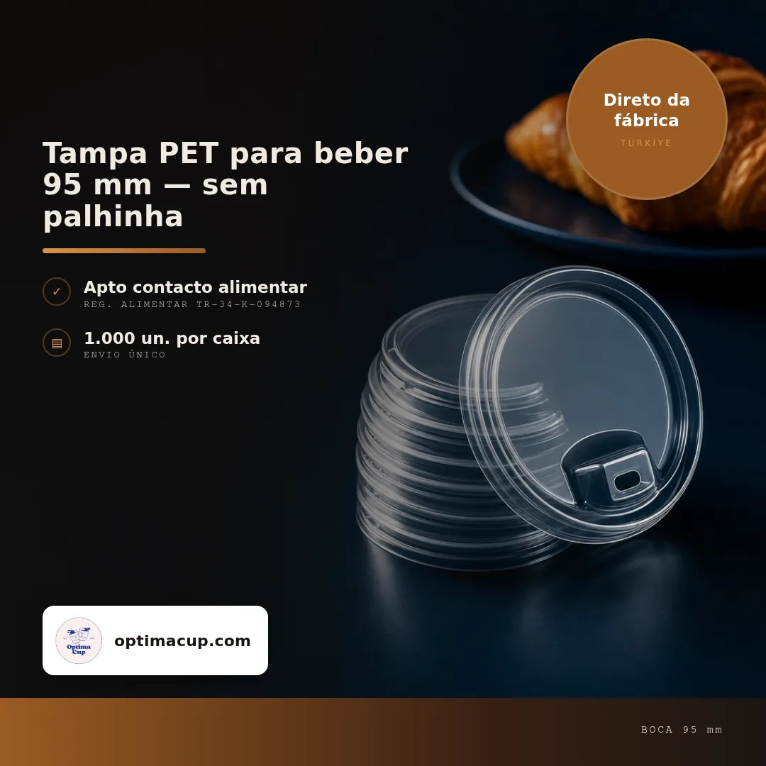 Tampa PET para beber 95 mm — sem palhinha, medidas e unidades por caixa — tampas para copos direto da fábrica, 1.000 un por caixa
