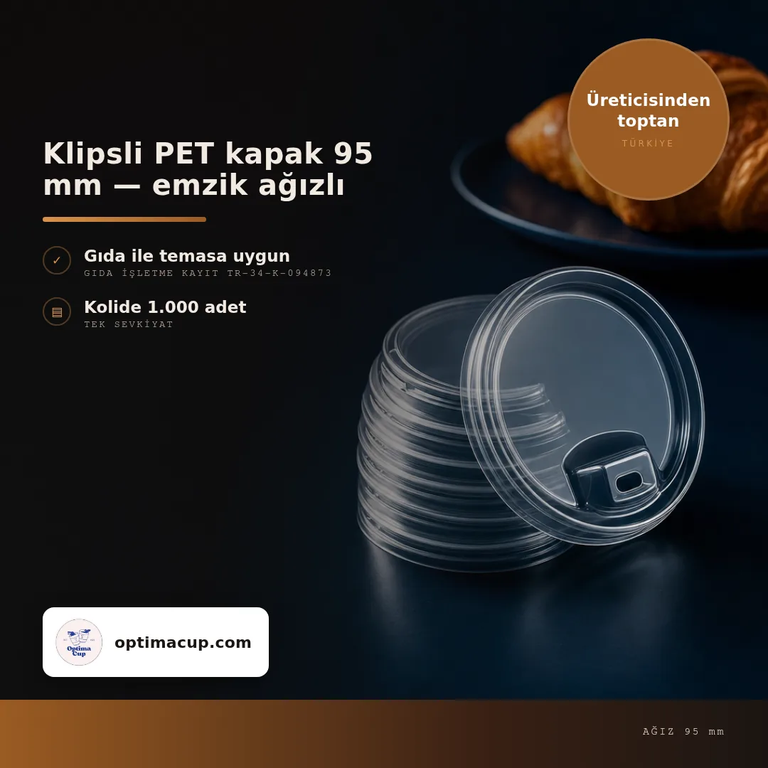 Klipsli PET kapak 95 mm — emzik ağızlı, ölçü ve koli bilgisi — bardak kapağı üreticisinden toptan, kolide 1.000 adet