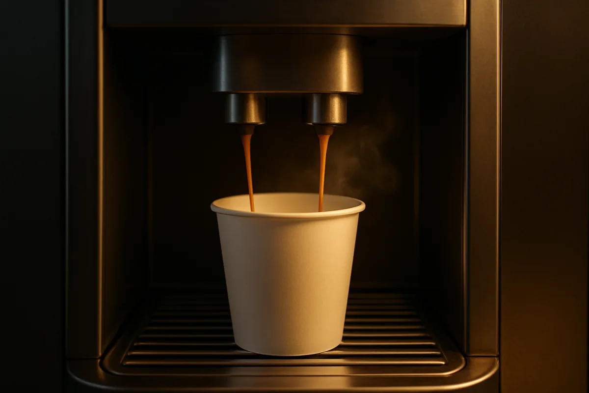 Espresso pouring into a plain white 6 oz vending paper cup inside a coffee vending machine
