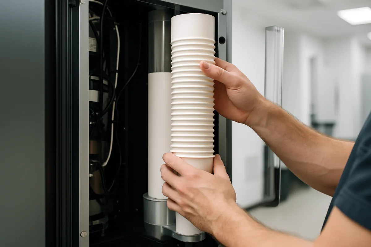 Operator loading a sleeve of white vending paper cups into the cup column of a coffee vending machine